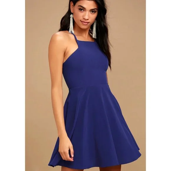 blue sleeveless skater dress Cool Winter Cobalt Lace Sleeveless Skater Dress